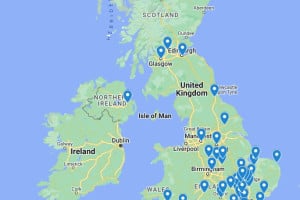 用谷歌地图 (Google Map) 创建: 英国去过的地方