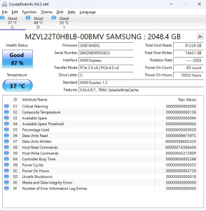 samsung-ssd-2tb-crystaldiskinfo-health-294x300 CrystalDiskInfo显示三星固态硬盘2TB的使用寿命还剩下87% 