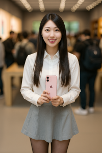 Smiling-Woman-with-Pink-iPhone-200x300 苹果店，背景模糊人群，该美女穿着吊带裙子 ，大光圈， 手拿 iphone 17新款手机 