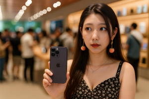 Woman-with-iPhone-15-in-Apple-Store-300x200 苹果店，背景模糊人群，该美女穿着吊带裙子 ，大光圈， 手拿 iphone 17新款手机 