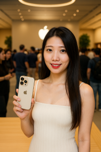 Young-Woman-Holding-Gold-iPhone-13-Pro-200x300 苹果店，背景模糊人群，该美女穿着吊带裙子 ，大光圈， 手拿 iphone 17新款手机 